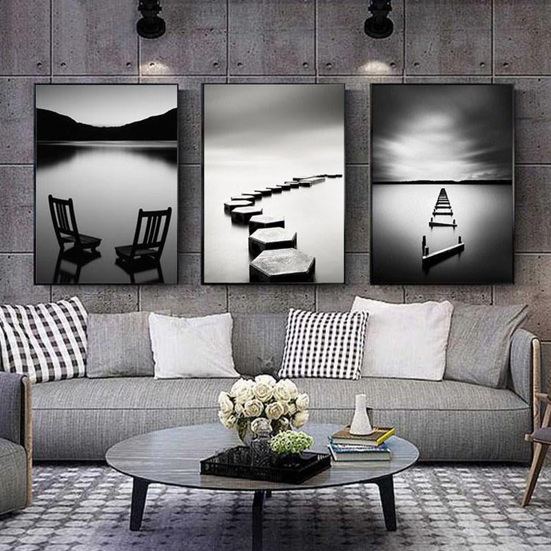 Tableau Scandinave Paysage Noir et Blanc